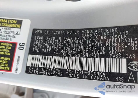 2016 Toyota Corolla Le z USA, uszkodzony, nr VIN 2T1BURHE8GC597741